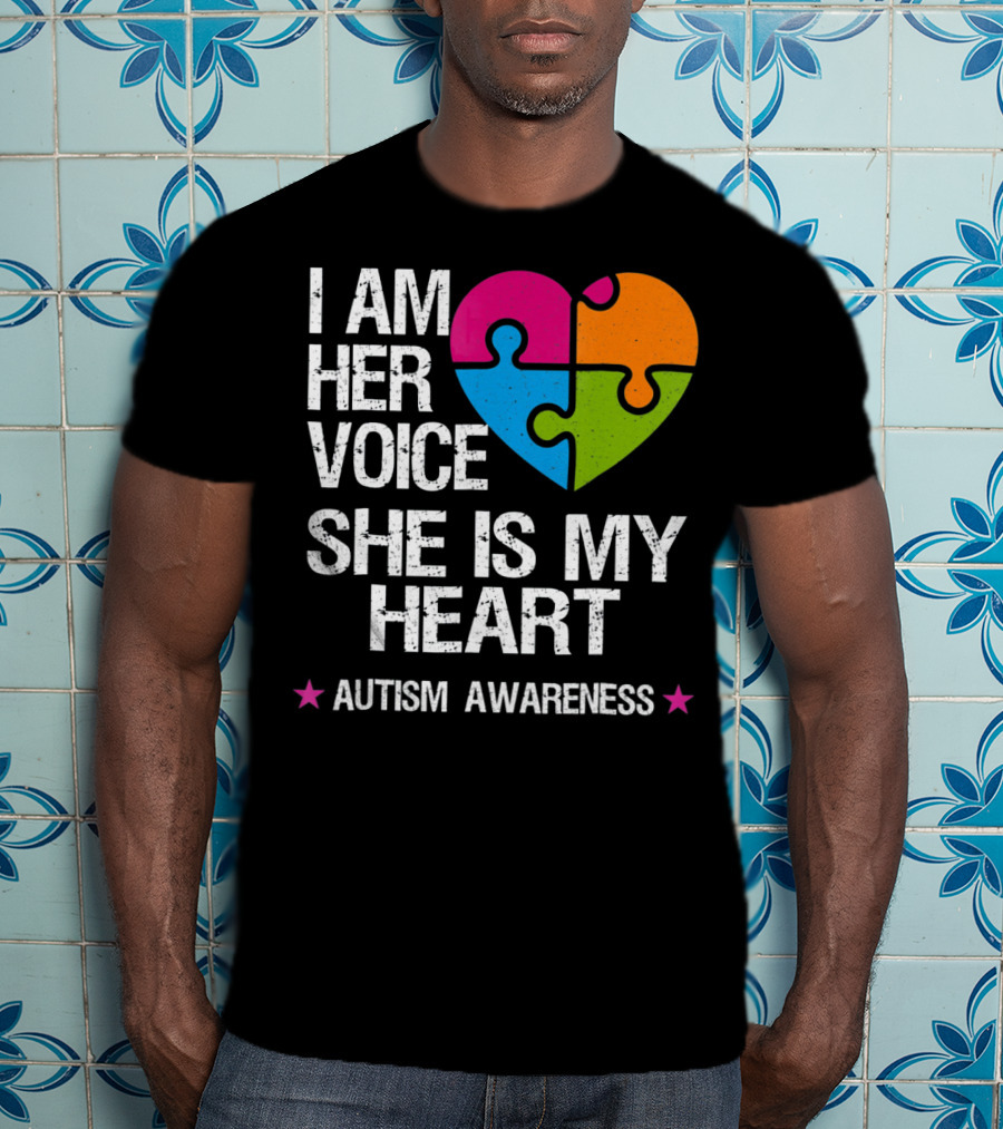 I Am Her Voice She Is My Heart Autism Awareness Puzzle Heart T-Shirt
