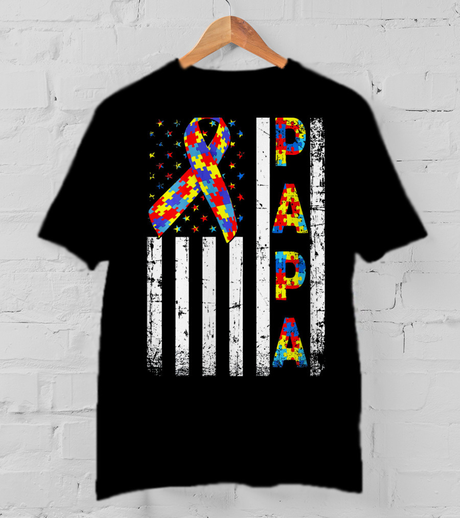 Papa Autism Awareness Puzzle Ribbon USA Flag T-Shirt