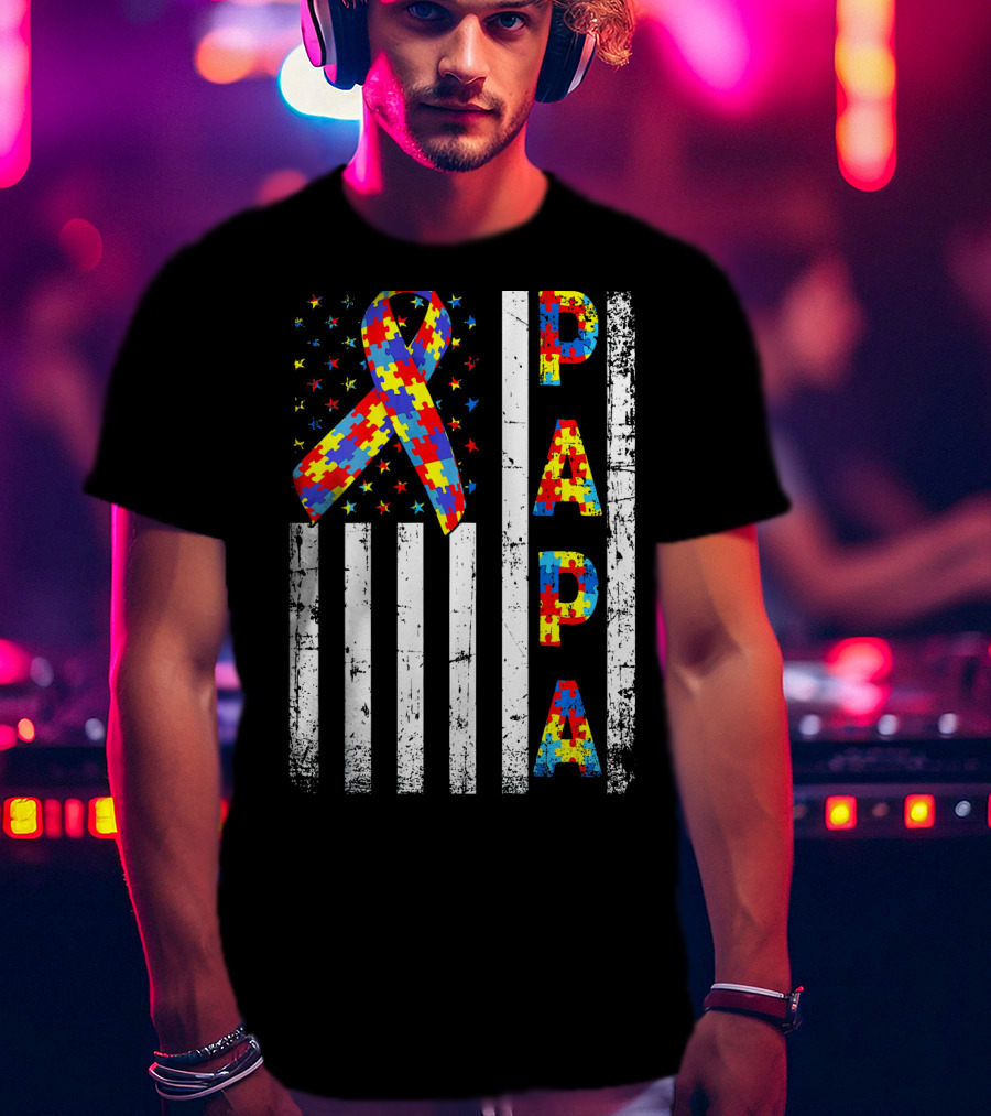 Papa Autism Awareness Puzzle Ribbon USA Flag T-Shirt