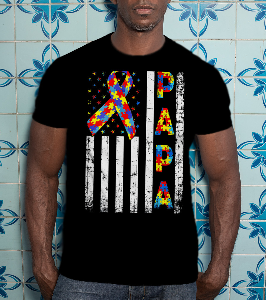 Papa Autism Awareness Puzzle Ribbon USA Flag T-Shirt