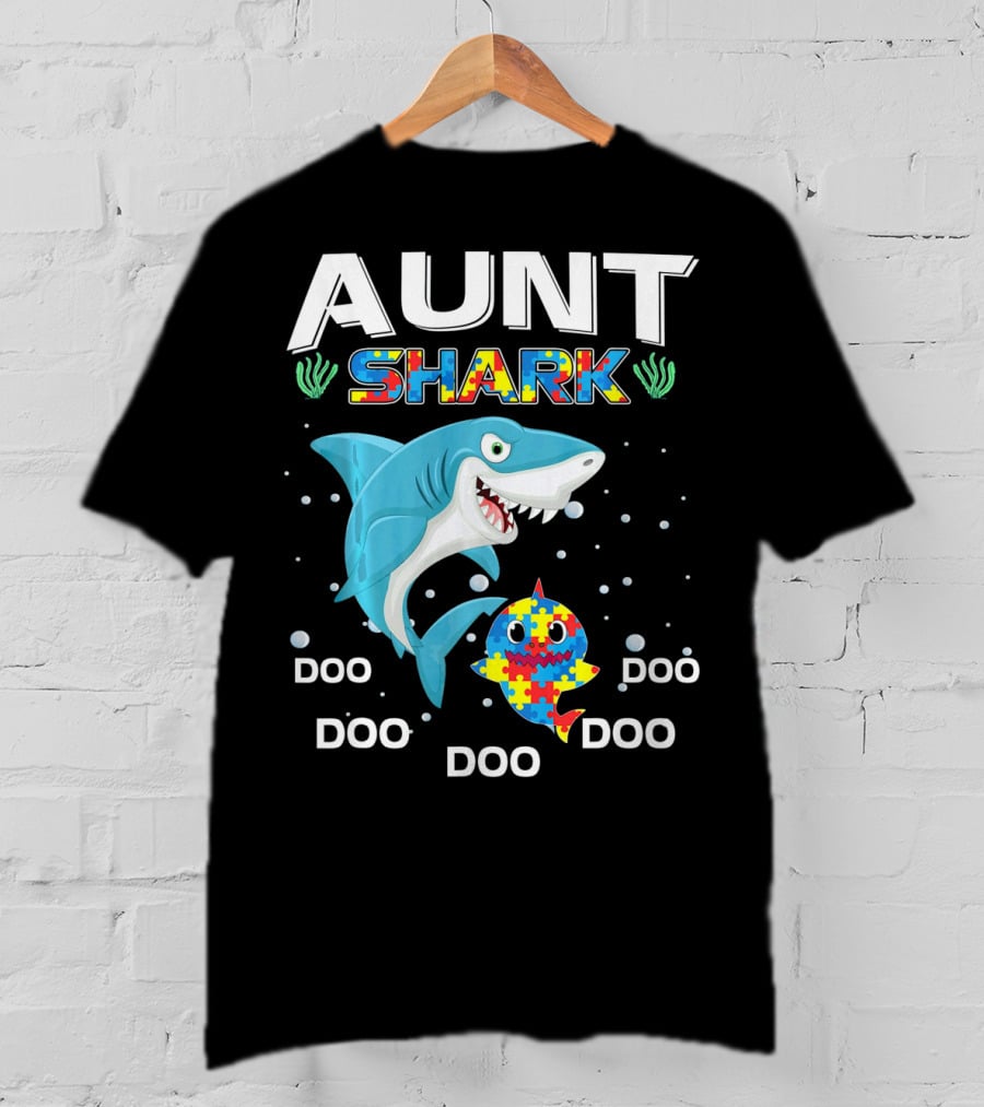 Aunt Shark Doo Doo Autism Awareness Puzzle Piece T-Shirt