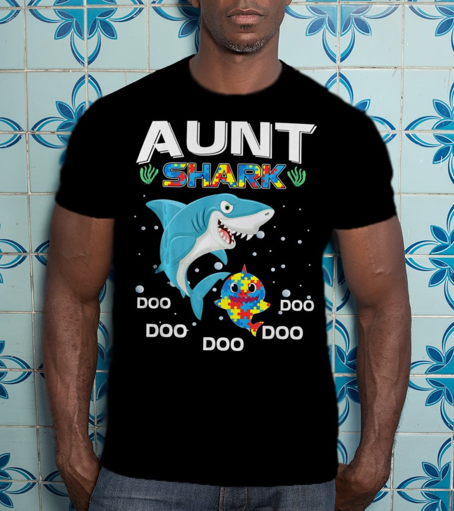 Aunt Shark Doo Doo Autism Awareness Puzzle Piece T-Shirt