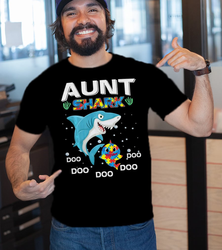 Aunt Shark Doo Doo Autism Awareness Puzzle Piece T-Shirt