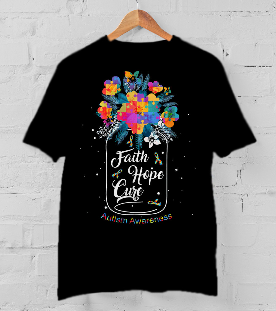 Faith Hope Cure Autism Awareness Flower Puzzle T-Shirt