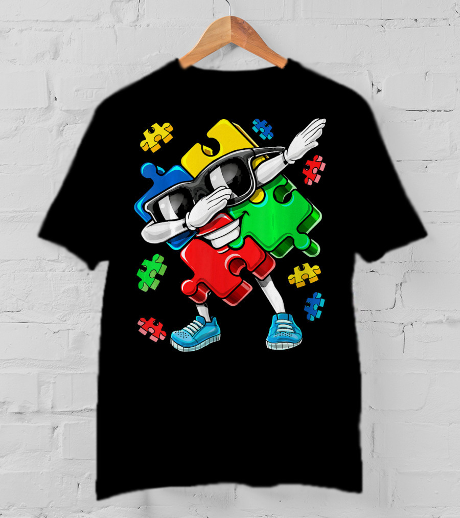 Autism Awareness Cool Dabbing Puzzle Piece Character T-Shirt