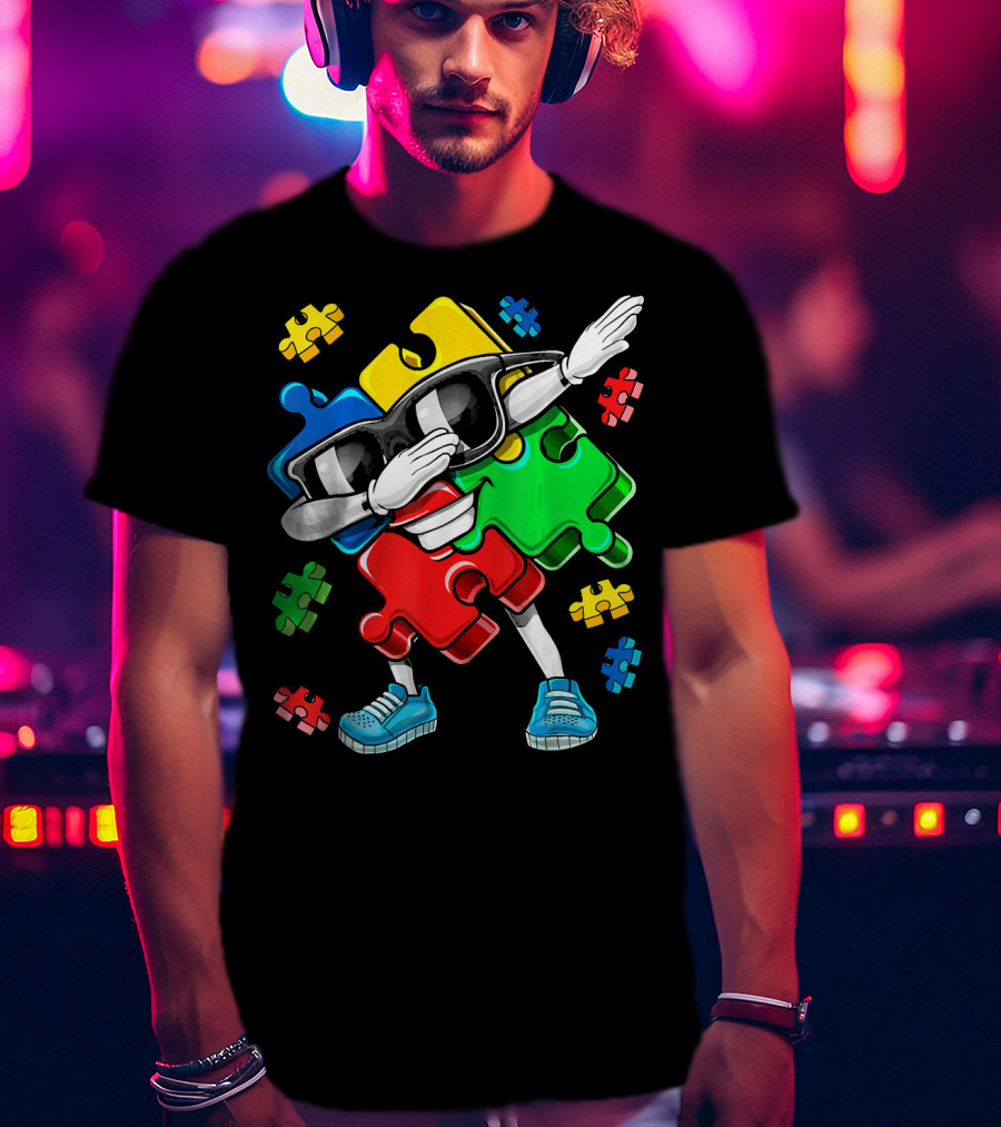 Autism Awareness Cool Dabbing Puzzle Piece Character T-Shirt