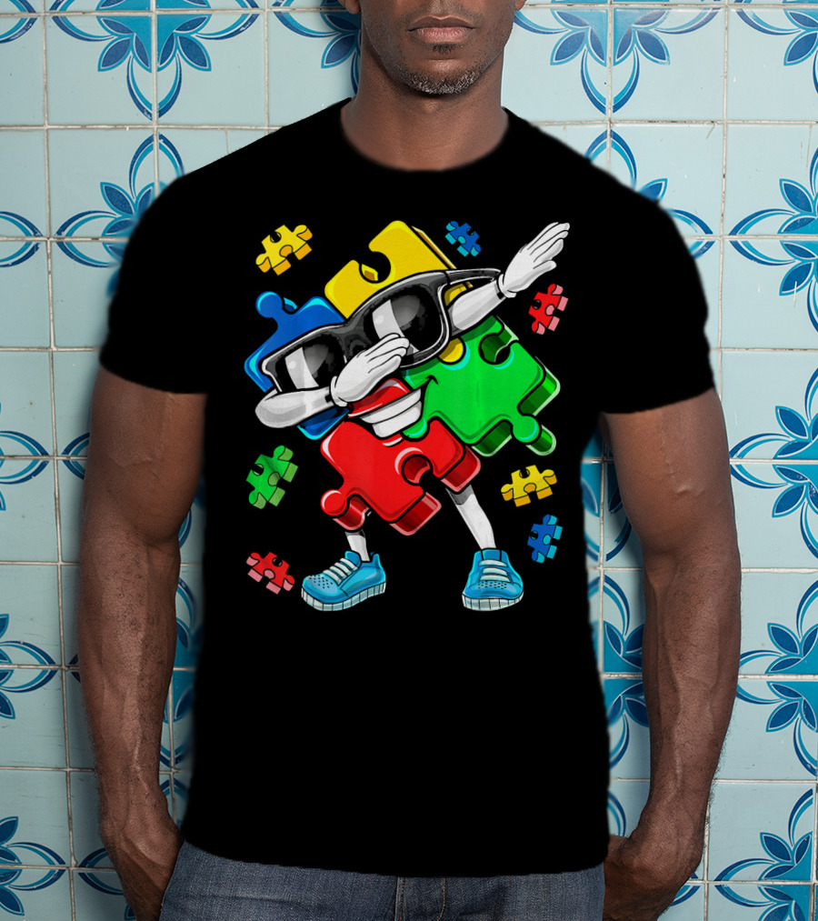 Autism Awareness Cool Dabbing Puzzle Piece Character T-Shirt