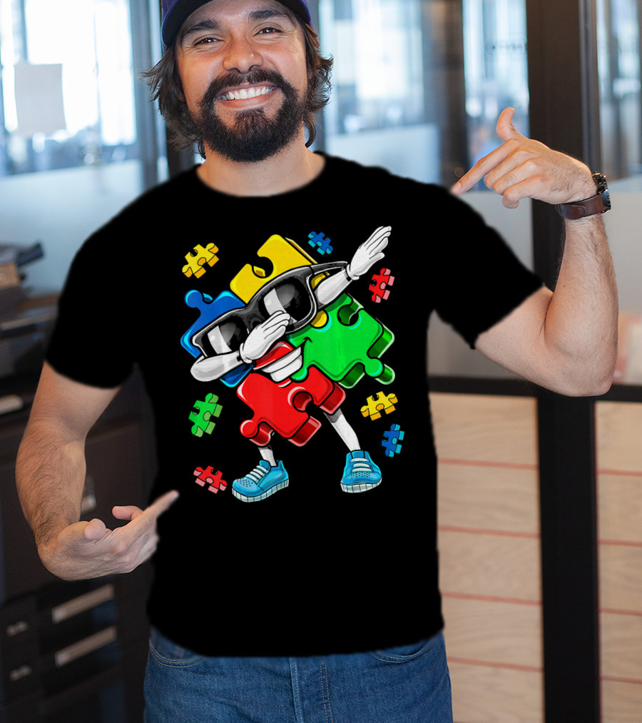 Autism Awareness Cool Dabbing Puzzle Piece Character T-Shirt