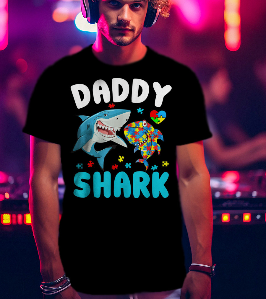 Daddy Shark Autism Awareness Puzzle Heart T-Shirt