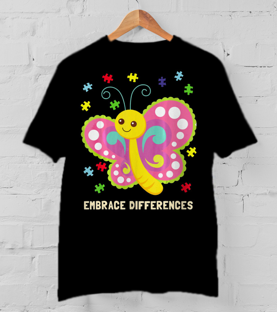 Embrace Differences Autism Awareness Boy Girl Butterfly Puzzle Pieces T-Shirt