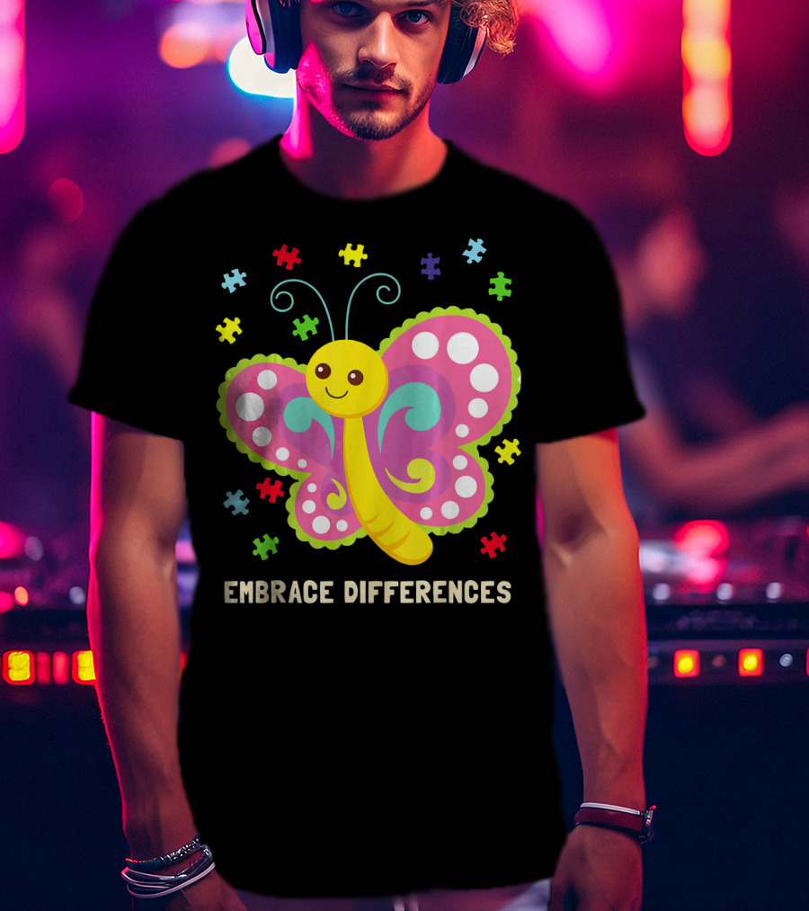 Embrace Differences Autism Awareness Boy Girl Butterfly Puzzle Pieces T-Shirt