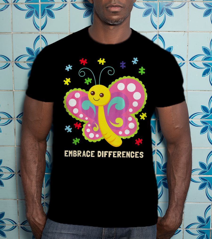 Embrace Differences Autism Awareness Boy Girl Butterfly Puzzle Pieces T-Shirt