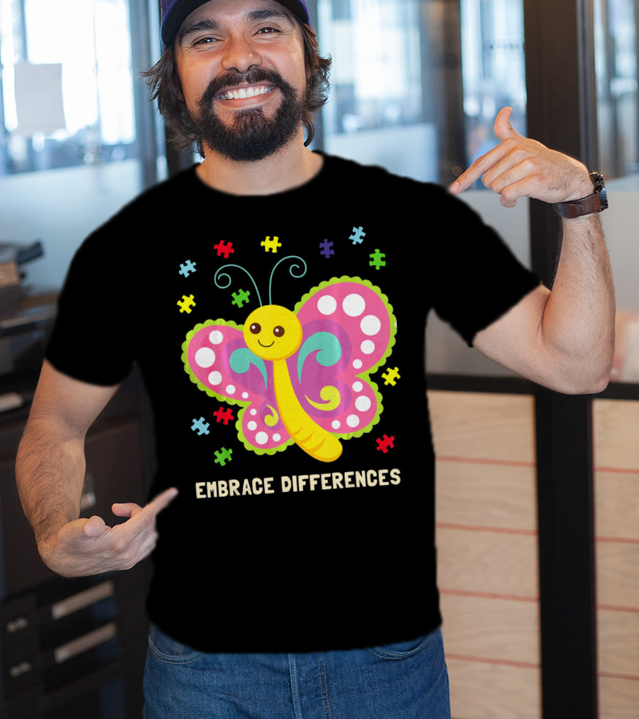 Embrace Differences Autism Awareness Boy Girl Butterfly Puzzle Pieces T-Shirt