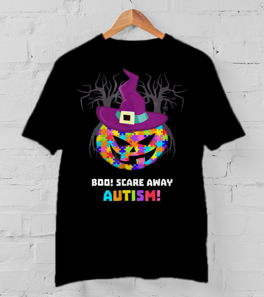 Boo Scare Away Autism Pumpkin Hat Halloween T-Shirt