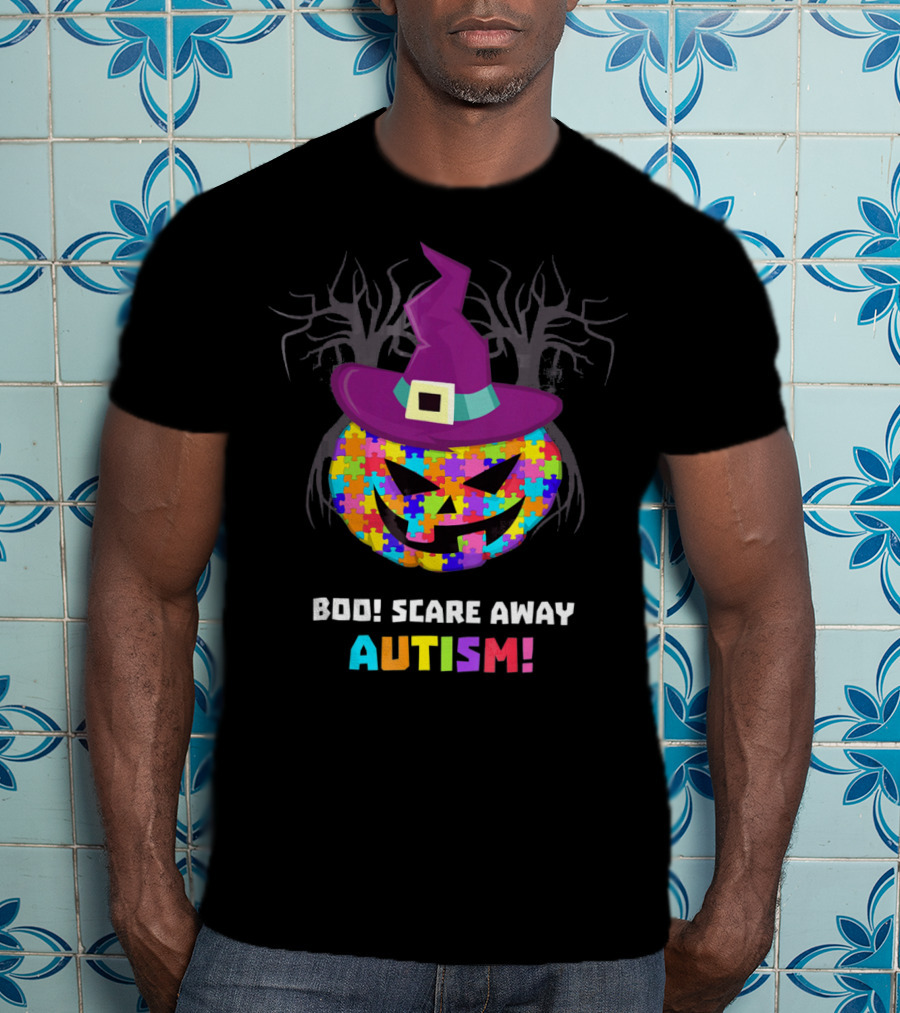 Boo Scare Away Autism Pumpkin Hat Halloween T-Shirt