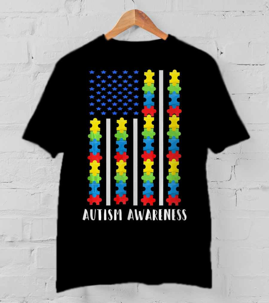 Autism Awareness Puzzle Piece USA Flag T-Shirt