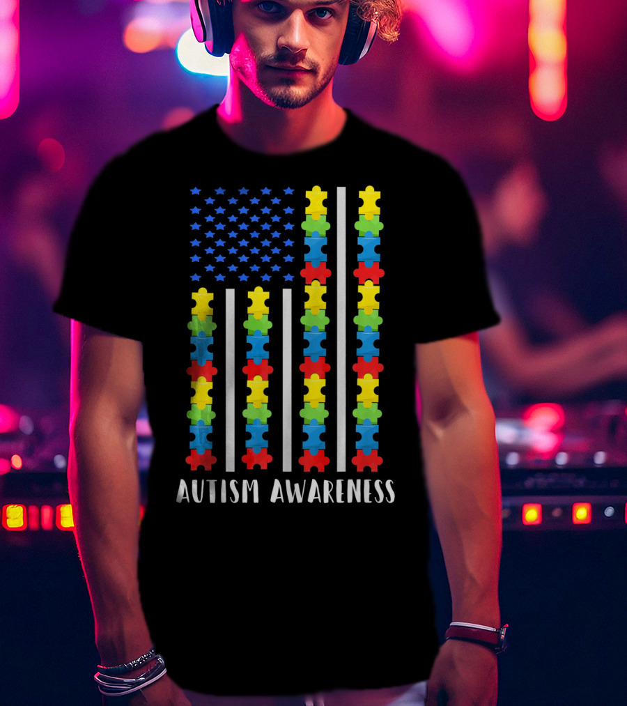 Autism Awareness Puzzle Piece USA Flag T-Shirt