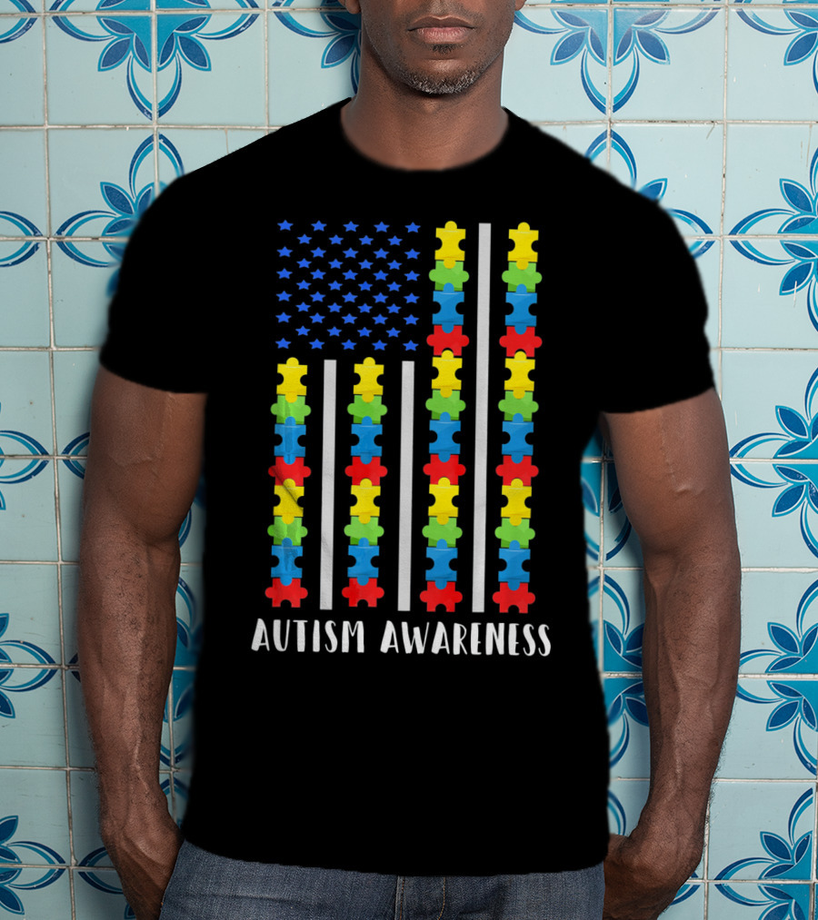 Autism Awareness Puzzle Piece USA Flag T-Shirt