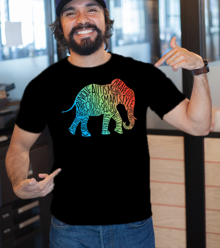 Autism Awareness Elephant Collage Brave Unique Precious Bright Smart Strong T-Shirt