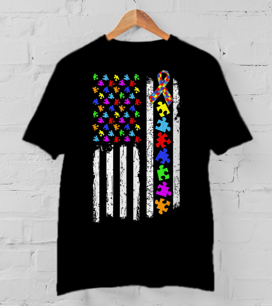 Autism Awareness Puzzle Pieces American Flag T-Shirt