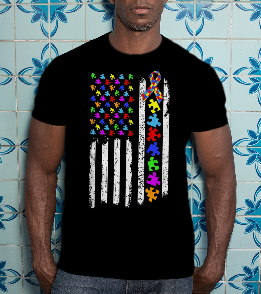 Autism Awareness Puzzle Pieces American Flag T-Shirt