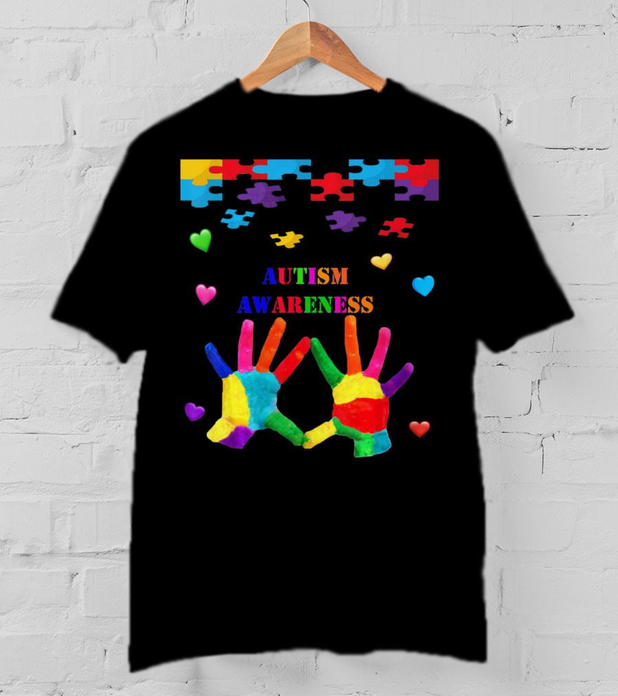Autism Awareness Colorful Hands With Puzzle Pieces And Hearts T-Shirt