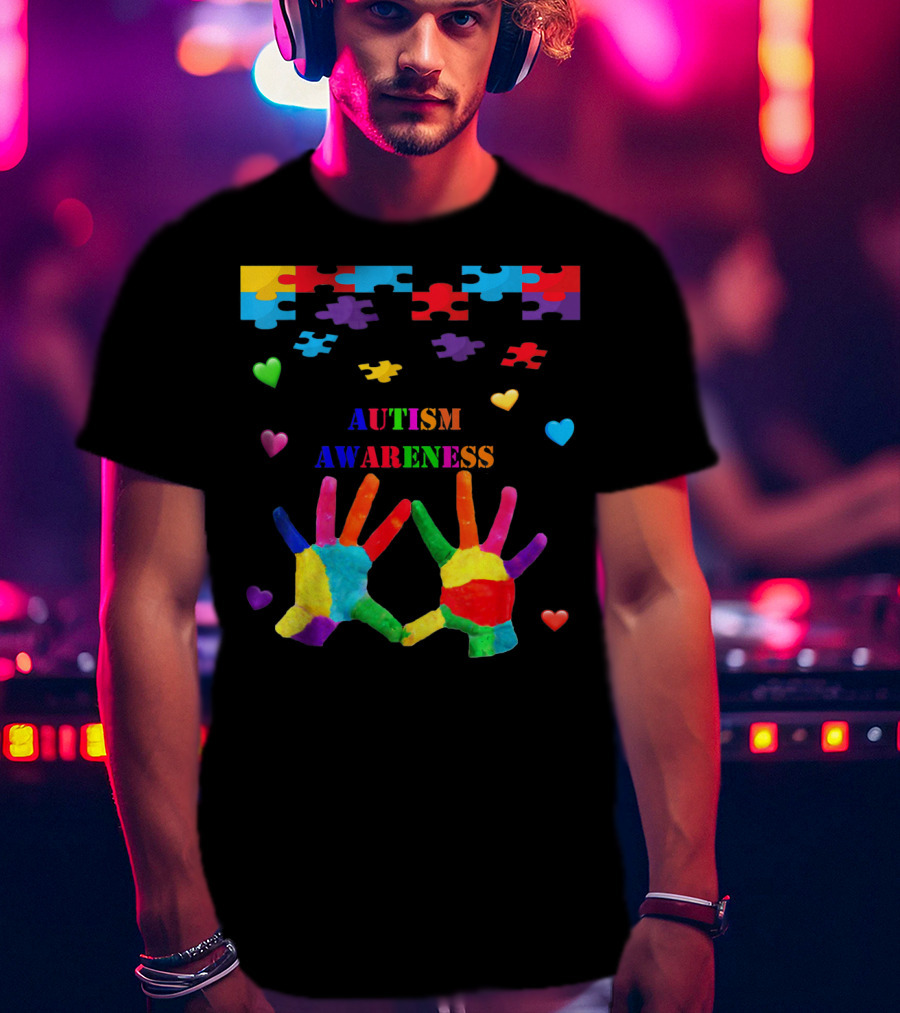 Autism Awareness Colorful Hands With Puzzle Pieces And Hearts T-Shirt