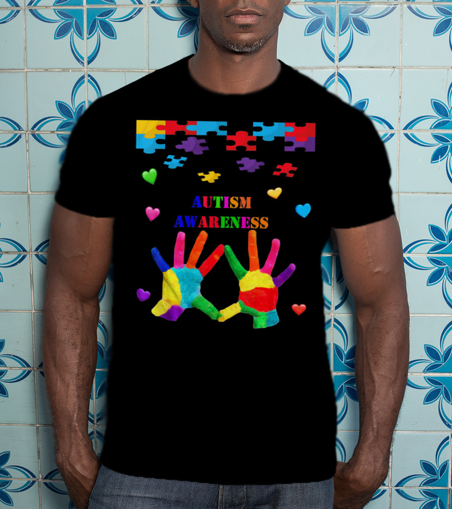 Autism Awareness Colorful Hands With Puzzle Pieces And Hearts T-Shirt
