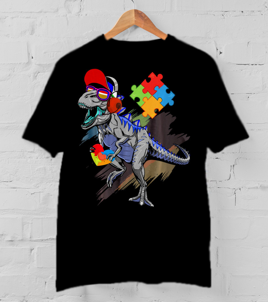 Dinosaur Puzzle Piece Glasses Funny Autism Awareness T-Shirt