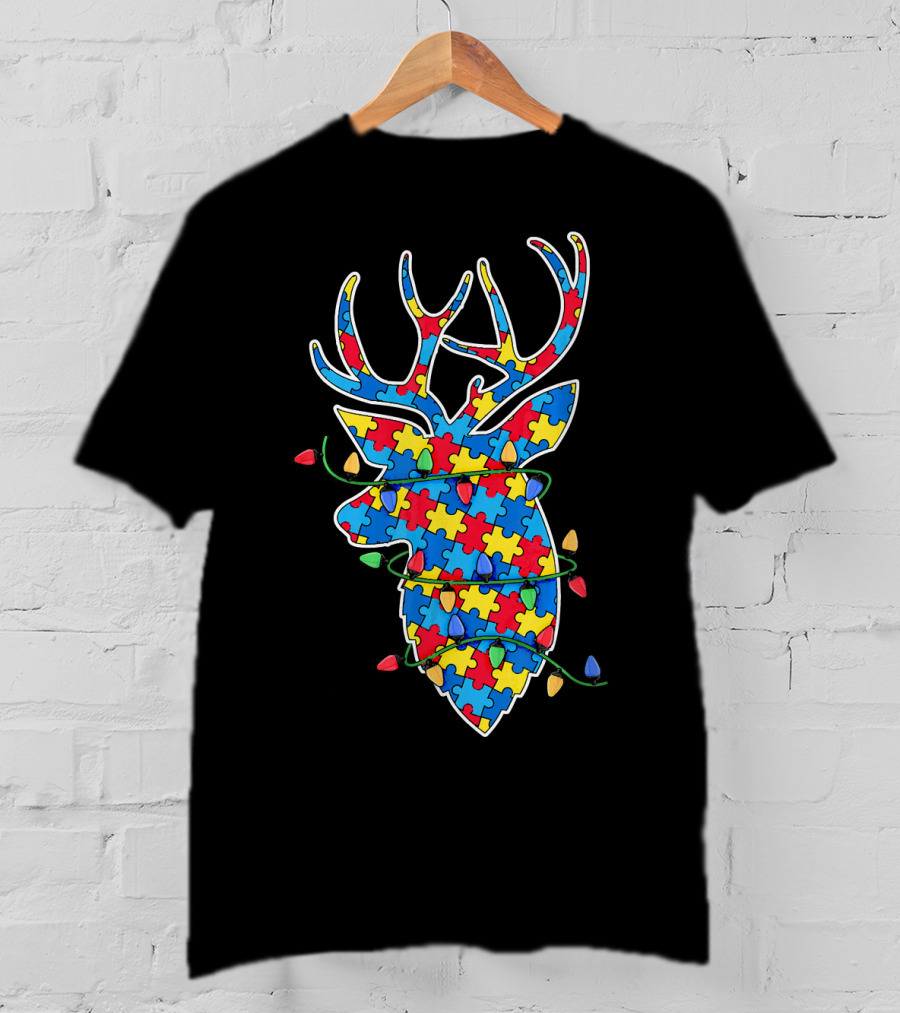 Christmas Autism Awareness Mom Puzzle Reindeer Lights T-Shirt