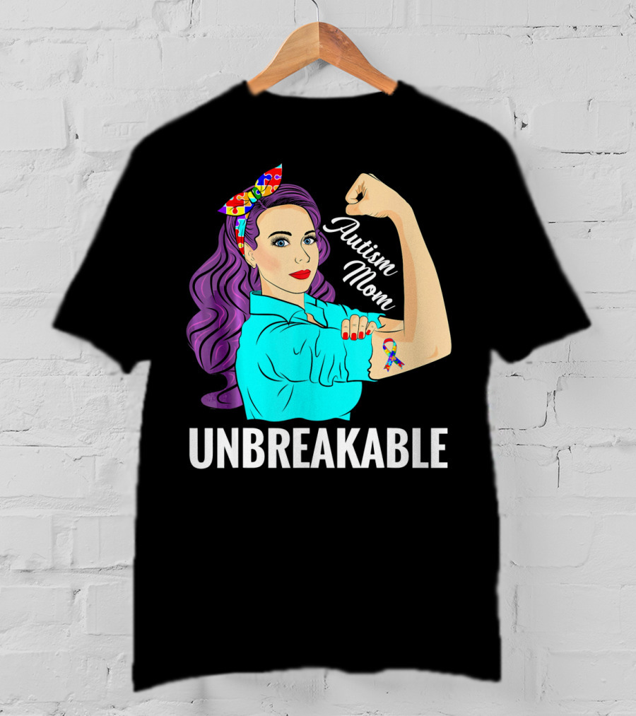Autism Mom Unbreakable Awareness Rosie The Riveter With Puzzle T-Shirt