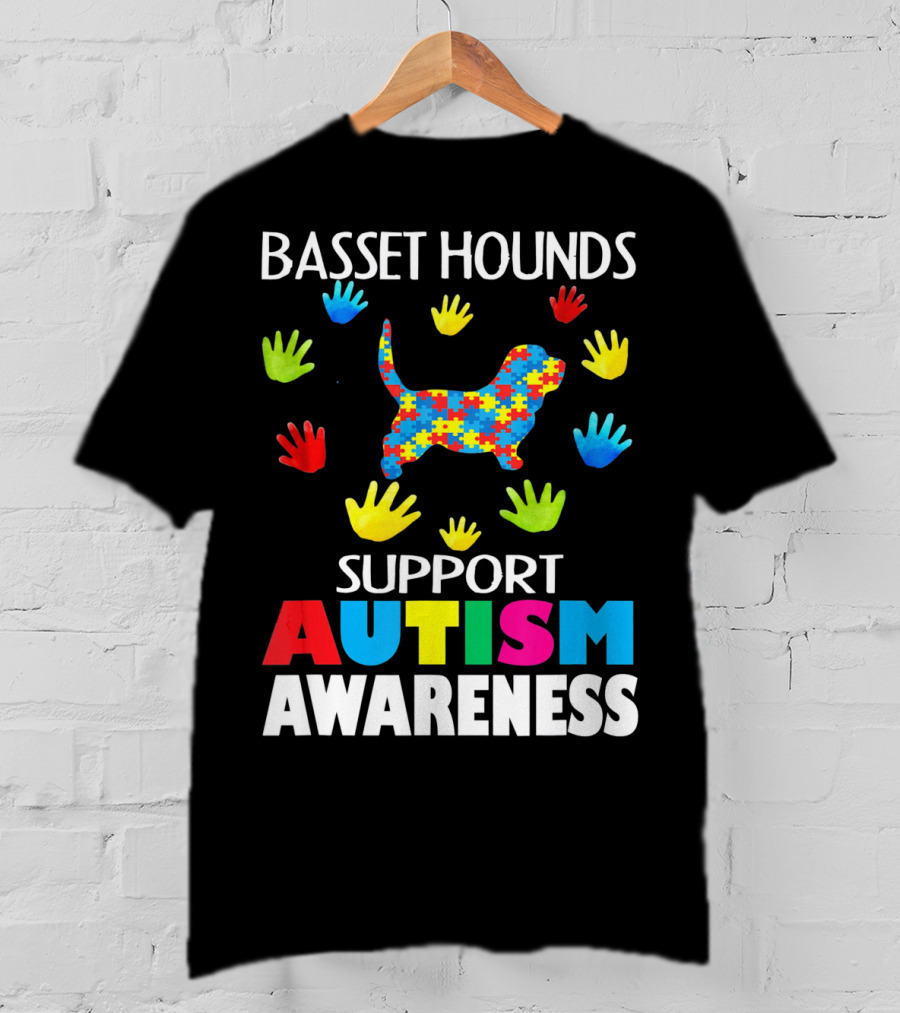 Basset Hounds Support Autism Awareness Puzzle Pattern Hands T-Shirt