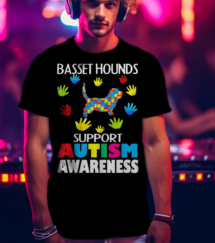 Basset Hounds Support Autism Awareness Puzzle Pattern Hands T-Shirt