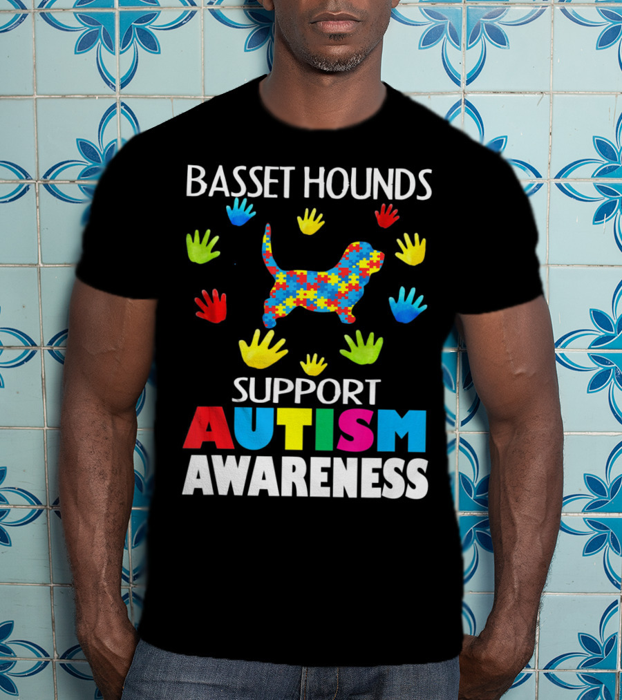 Basset Hounds Support Autism Awareness Puzzle Pattern Hands T-Shirt