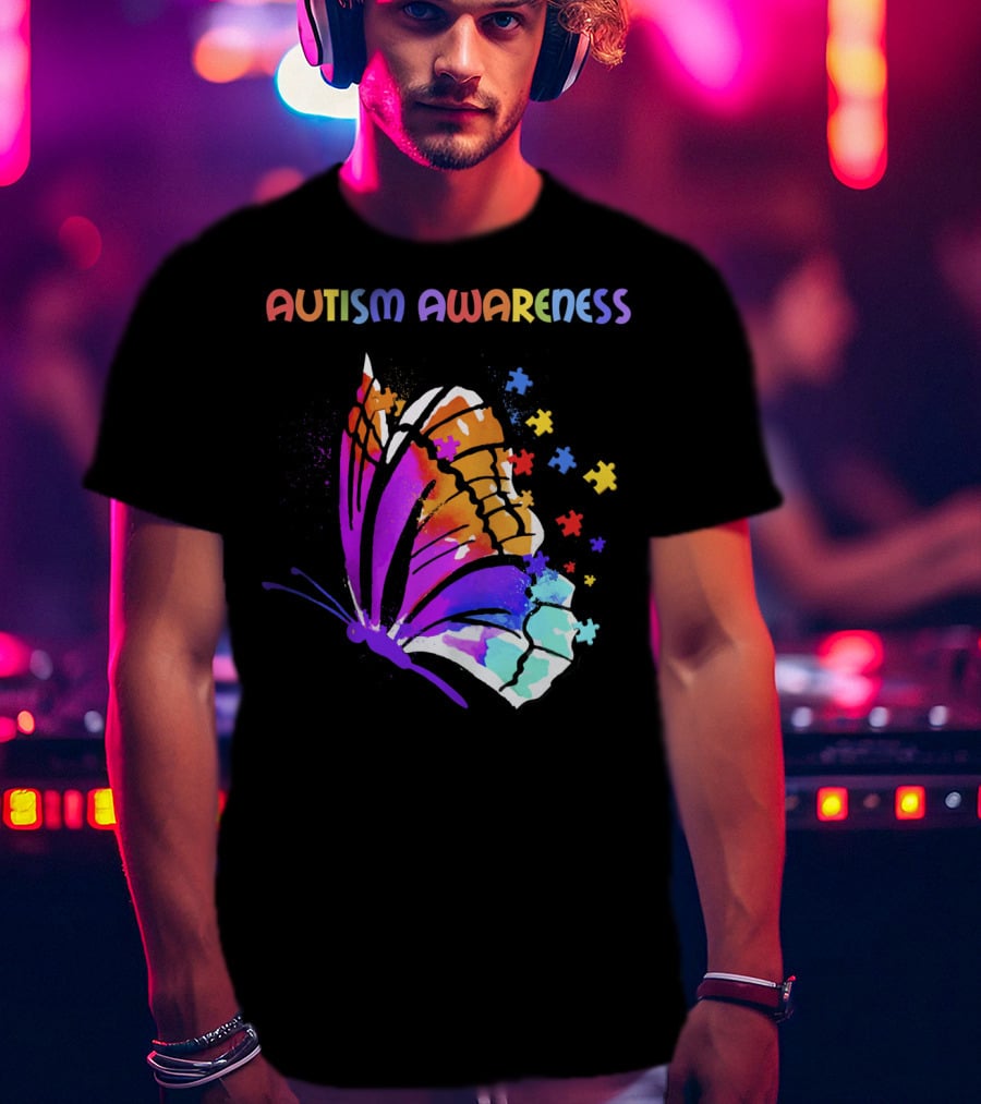 Autism Awareness Colorful Butterfly With Puzzle Pieces T-Shirt