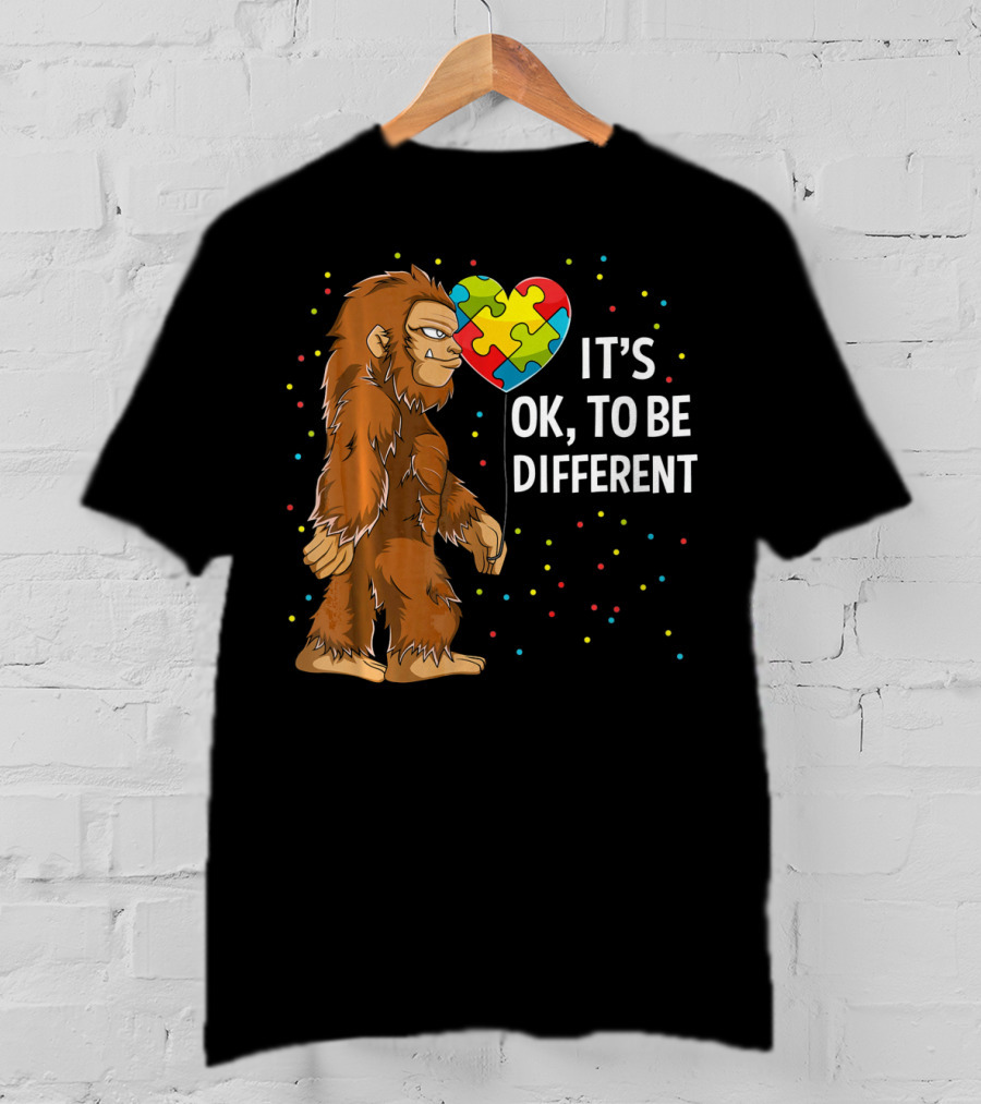 Autism Awareness Bigfoot Heart Puzzle It's OK To Be Different T-Shirt