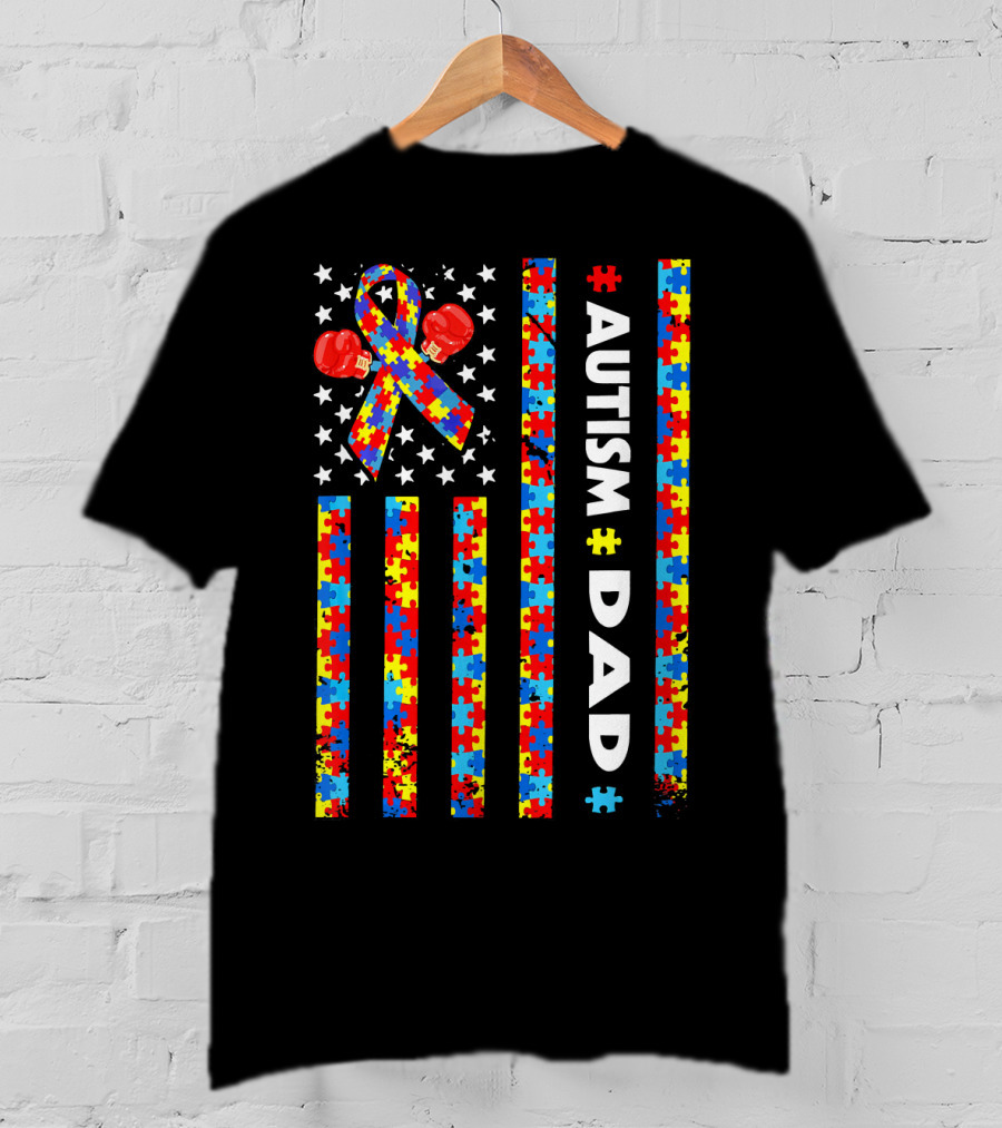 Autism Dad American Flag Puzzle Piece Ribbon Boxing Gloves Awareness T-Shirt