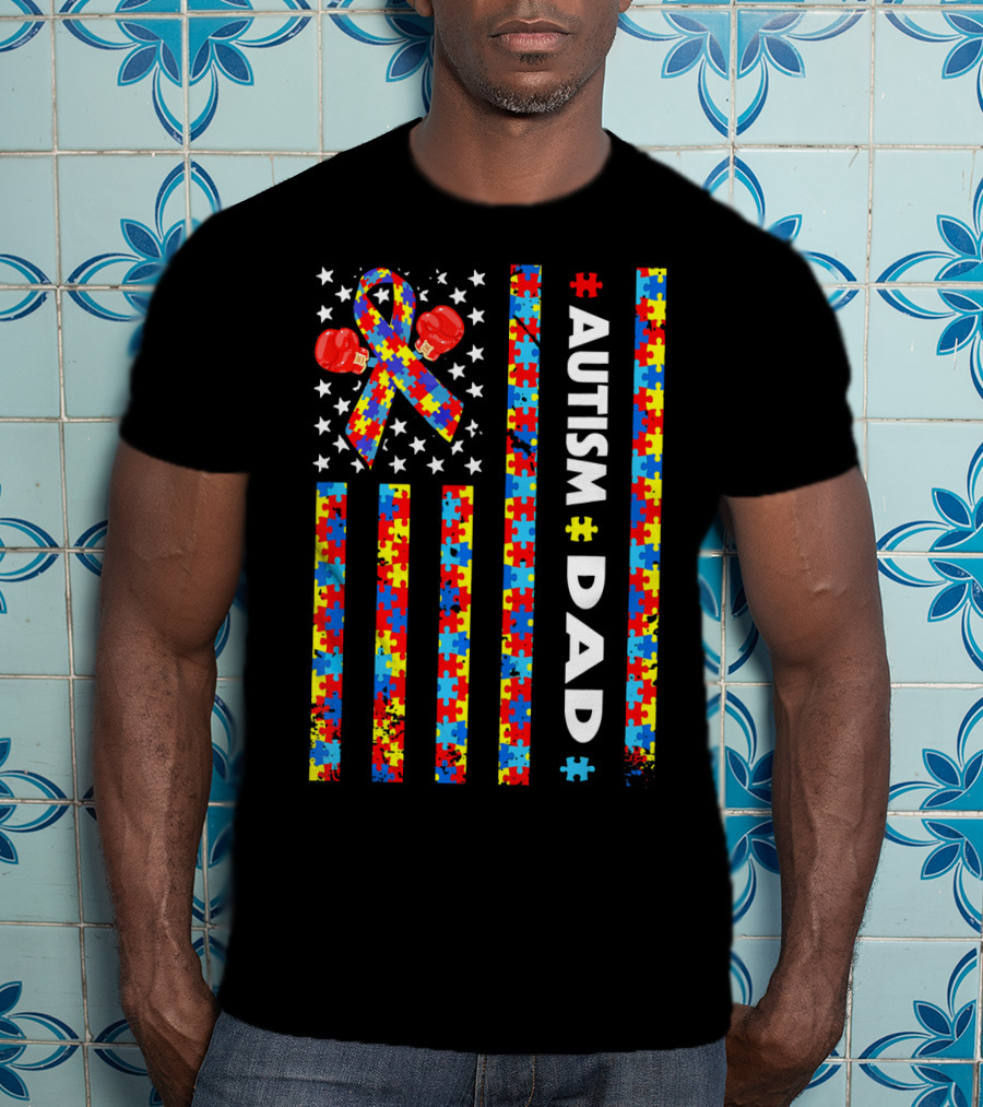 Autism Dad American Flag Puzzle Piece Ribbon Boxing Gloves Awareness T-Shirt