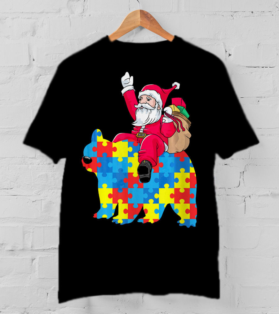 Santa Claus Riding Puzzle Piece Bear Autism Awareness T-Shirt