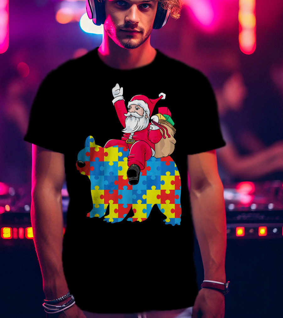 Santa Claus Riding Puzzle Piece Bear Autism Awareness T-Shirt