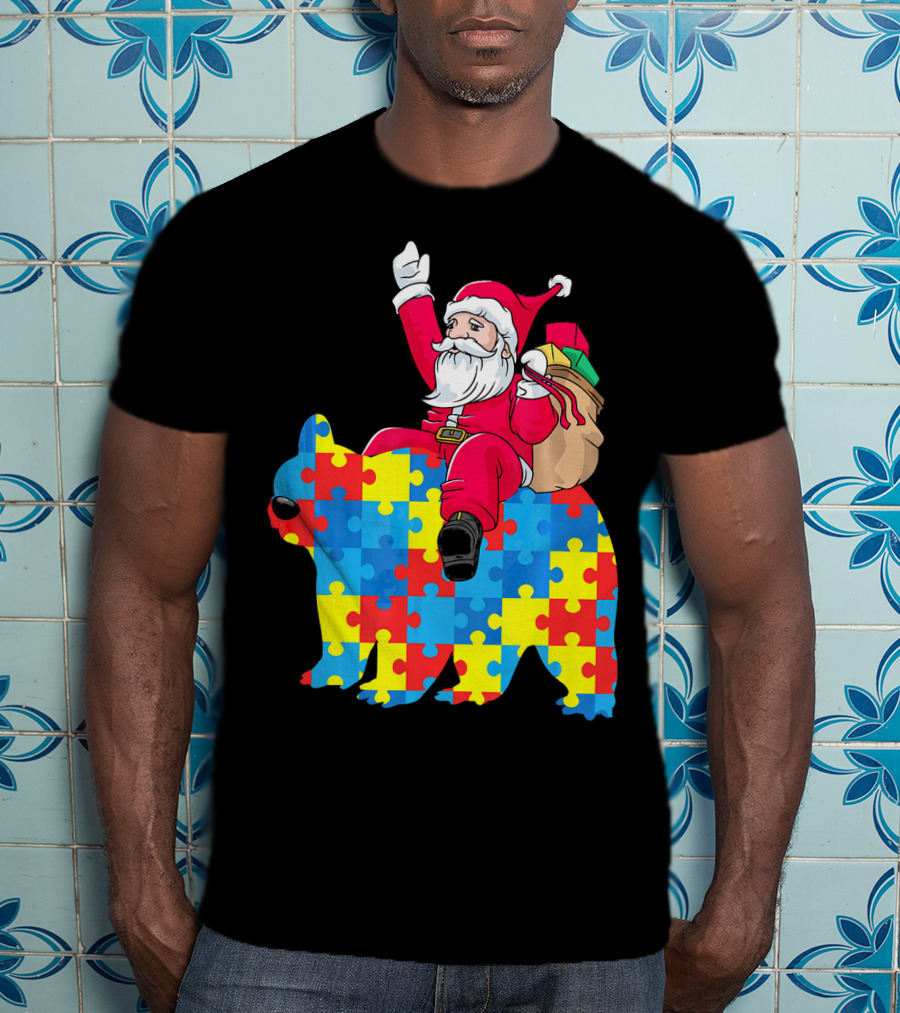 Santa Claus Riding Puzzle Piece Bear Autism Awareness T-Shirt