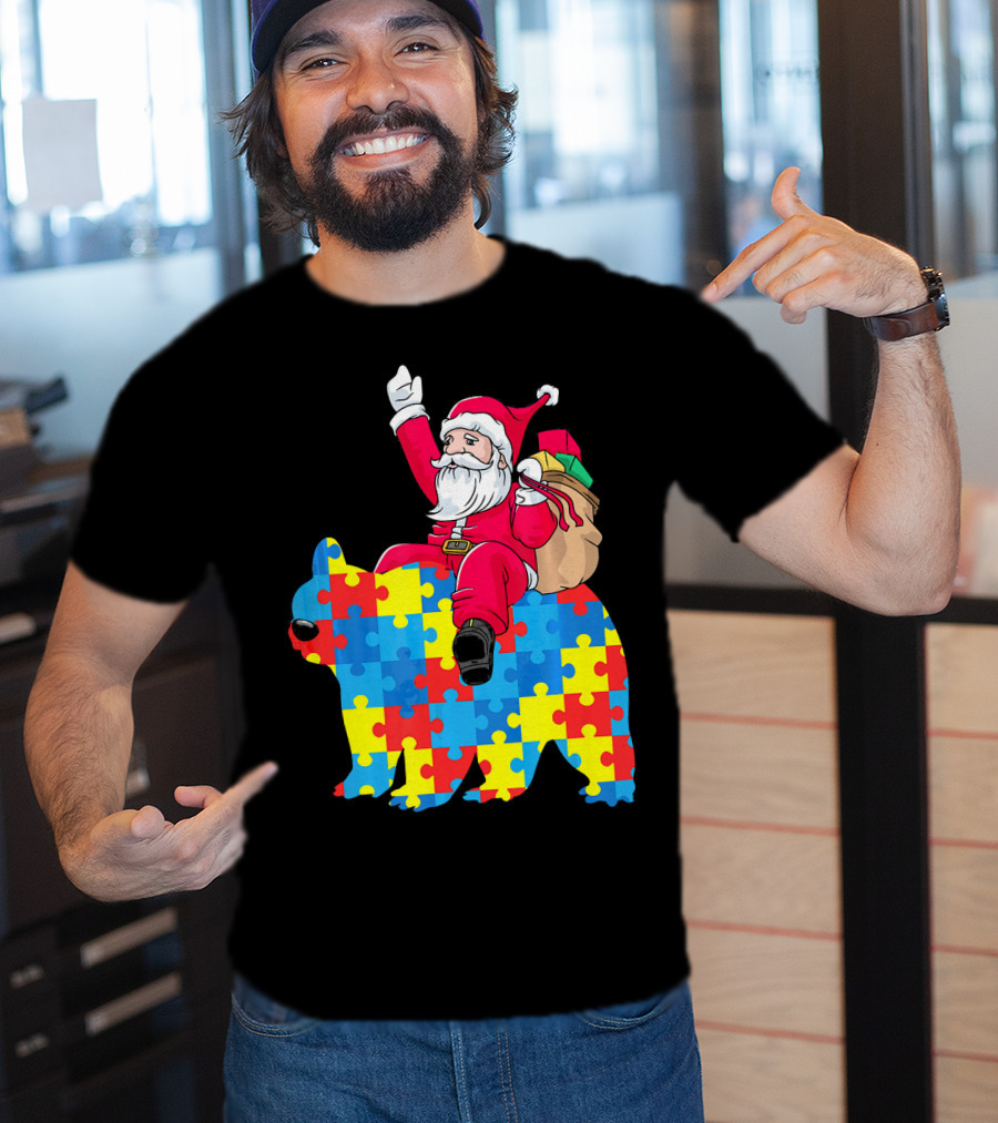 Santa Claus Riding Puzzle Piece Bear Autism Awareness T-Shirt