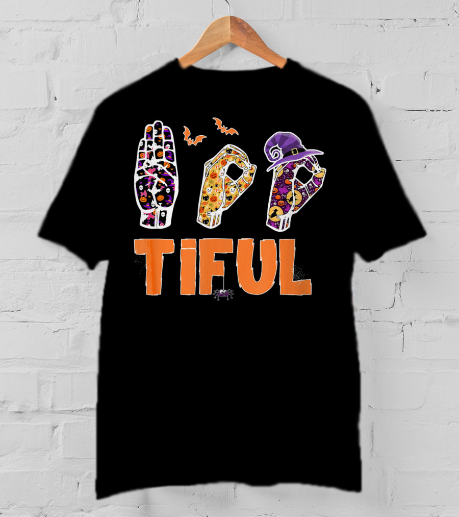 BOO Bootiful Halloween ASL Sign Language Autism With Spooky Hand Signs And Witch Hat T-Shirt