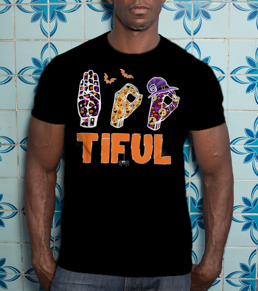 BOO Bootiful Halloween ASL Sign Language Autism With Spooky Hand Signs And Witch Hat T-Shirt