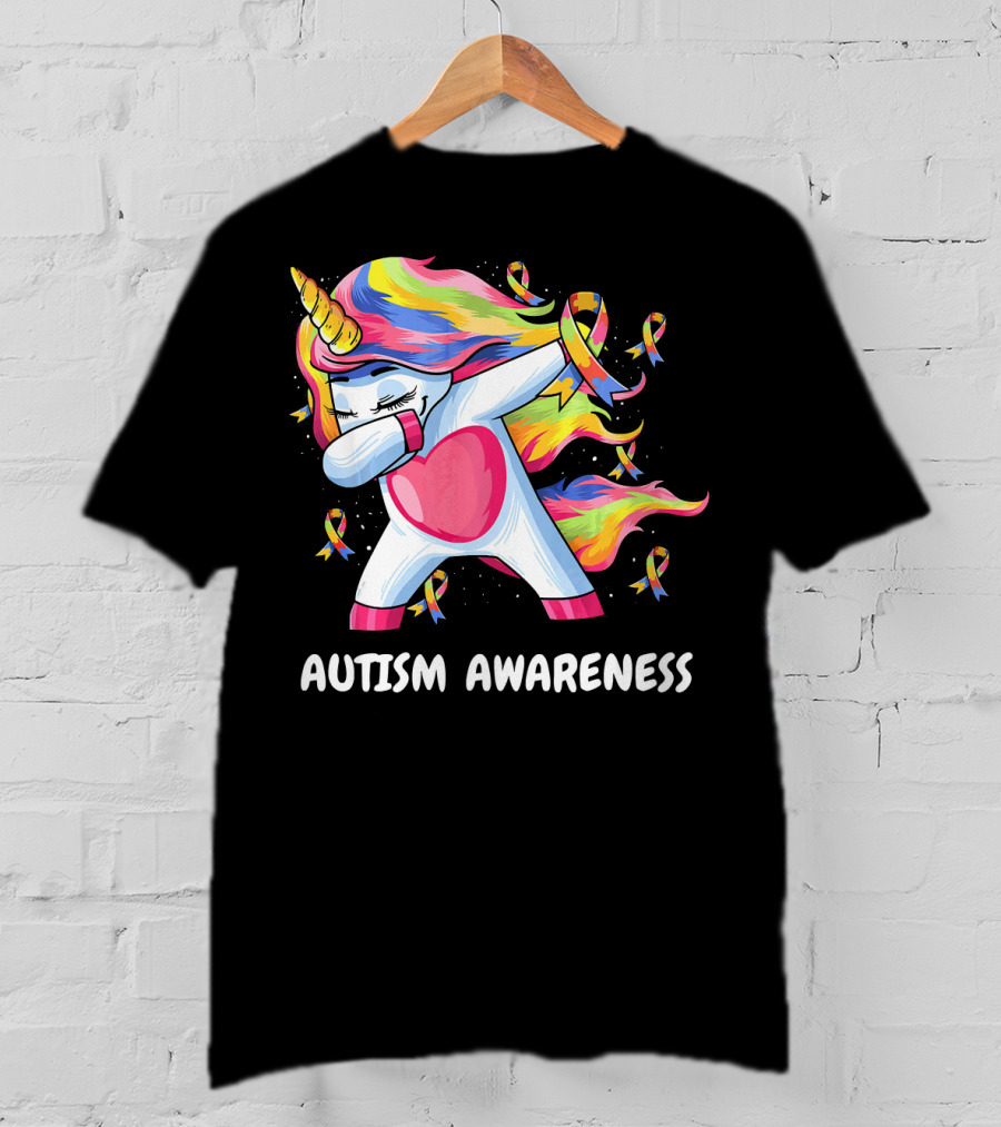 Autism Awareness Dabbing Rainbow Unicorn With Puzzle T-Shirt