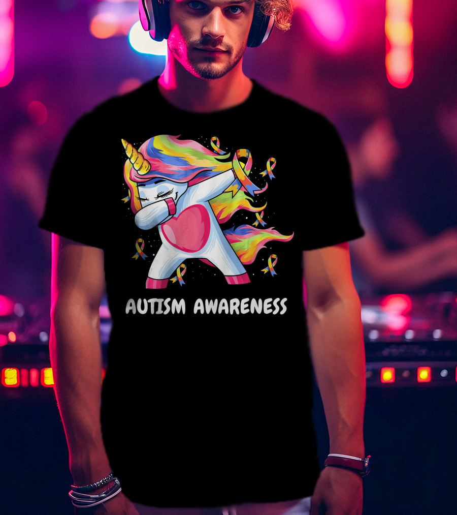 Autism Awareness Dabbing Rainbow Unicorn With Puzzle T-Shirt