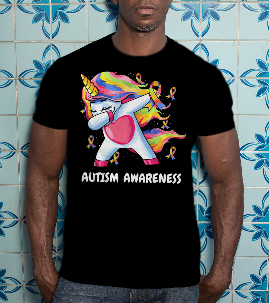 Autism Awareness Dabbing Rainbow Unicorn With Puzzle T-Shirt