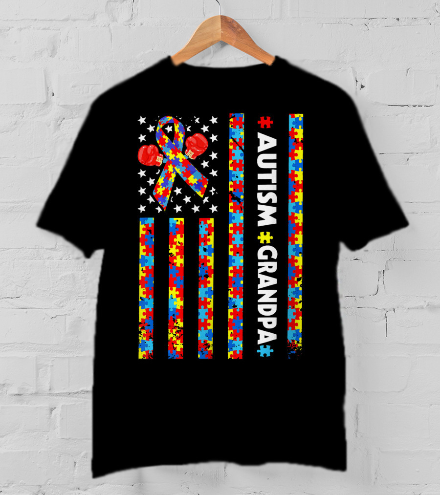 Autism Awareness Grandpa American Flag Puzzle Ribbon Boxing Gloves T-Shirt