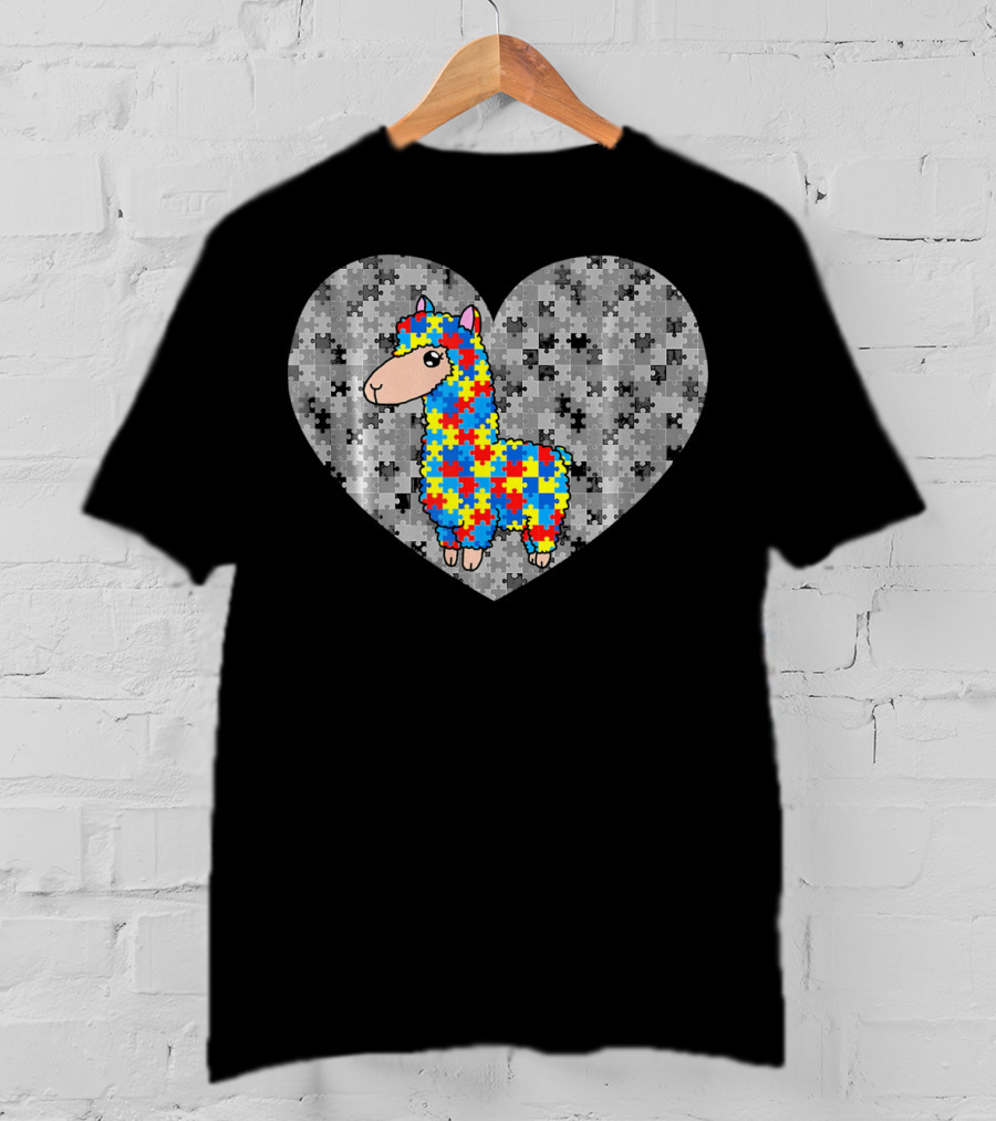 Funny Puzzle Llama Heart Autism Awareness Day T-Shirt