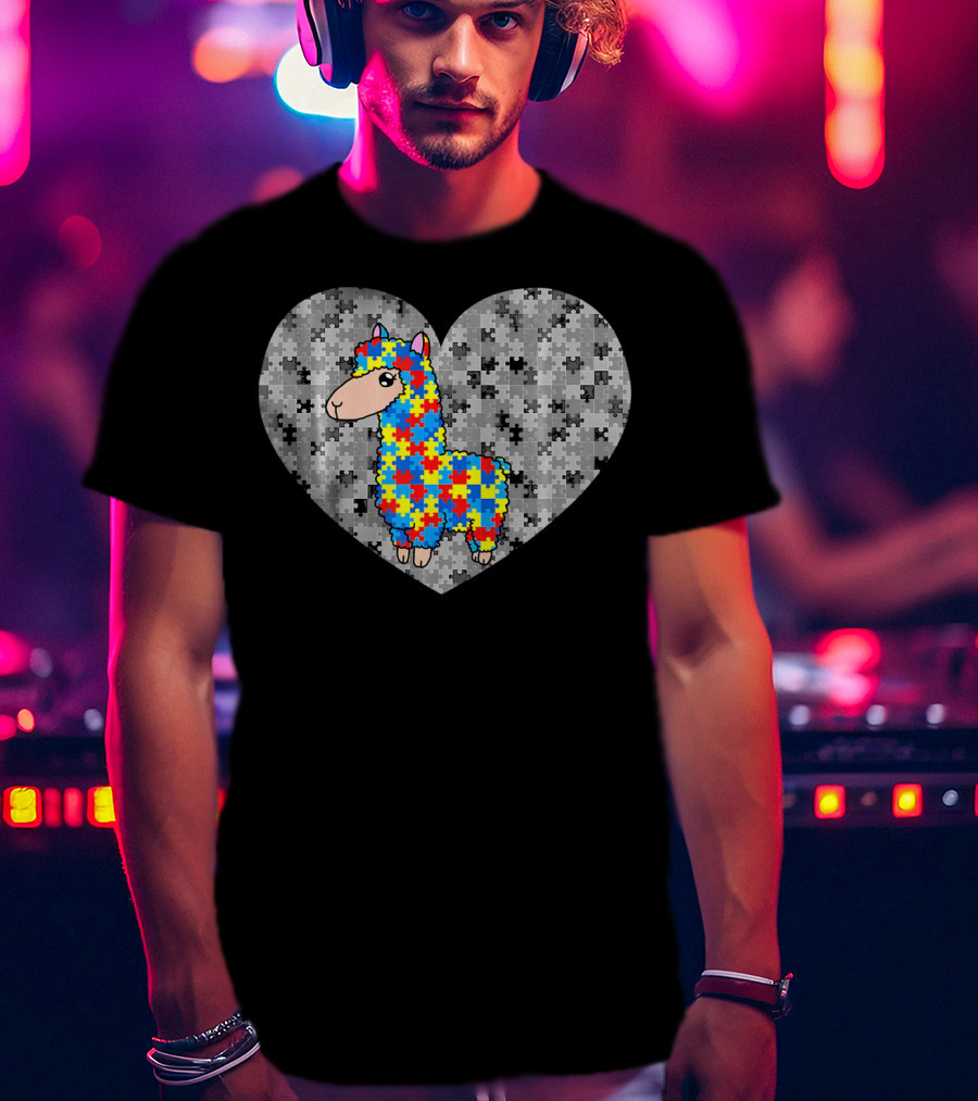Funny Puzzle Llama Heart Autism Awareness Day T-Shirt